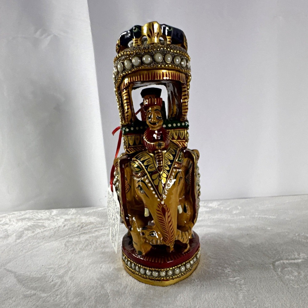 Beaded Elephant Figurine w/ Pearl Decor, Howdah & Rider Gold White Red